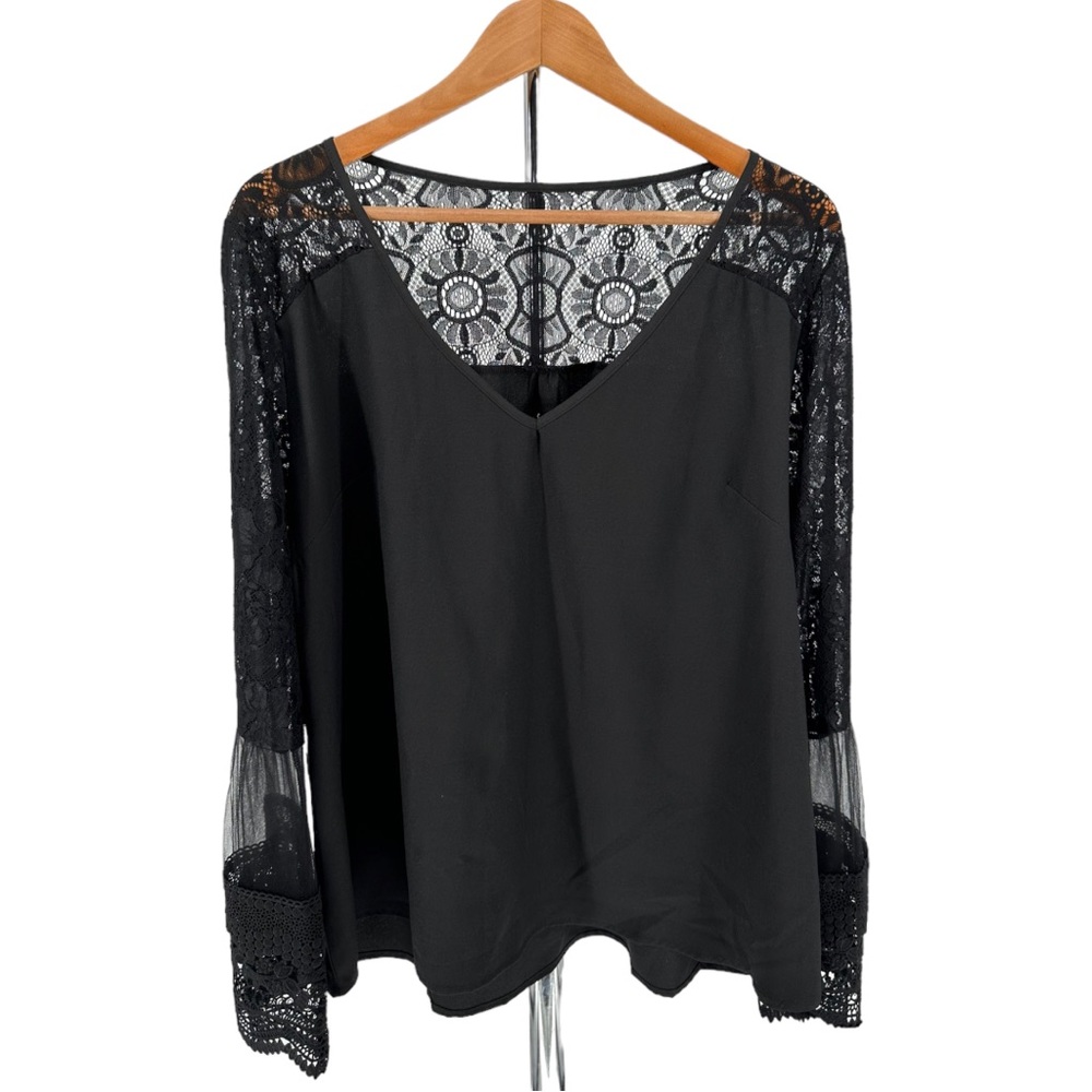 Sonja by Sonja Morgan Fiona Flare Statement Sleeve Lace Trim Top size XL Black